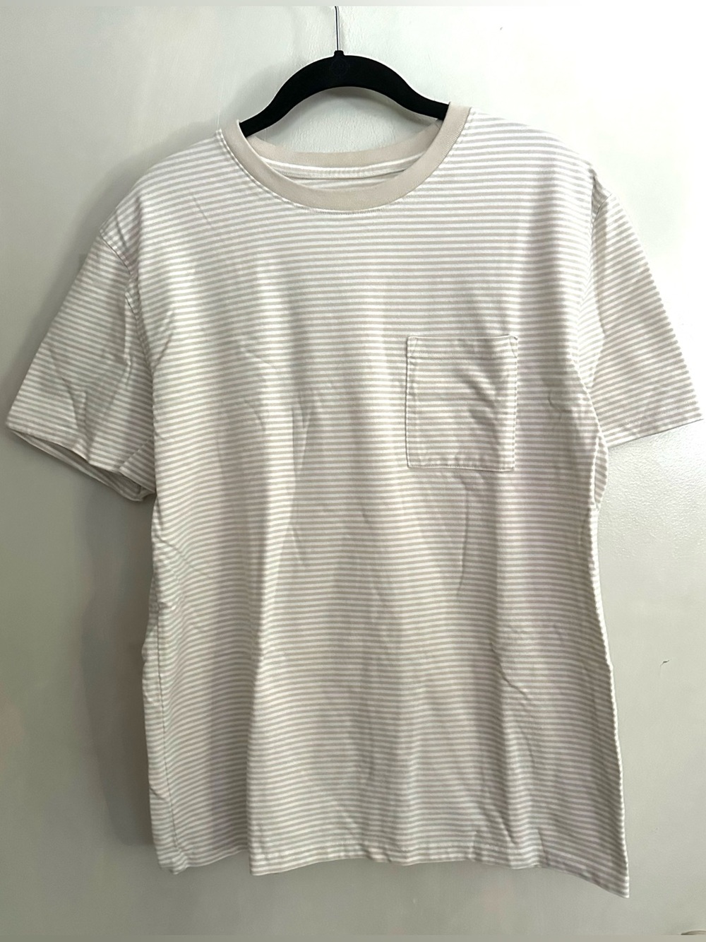 Goodfellow & Co Mens Med Basics Beige & White Striped Short Sleeve Pocket Tee